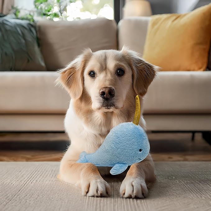 Narwhal Dog Toy | Whale Dog Toy | Squeaky Plush Narwhal | Whale Stuffed Squeaky Chew Dogs Toys | Realistic Animal Dogs Toys | Interactive Squeaky Whales | Small/Medium Breed | Blue | 8"