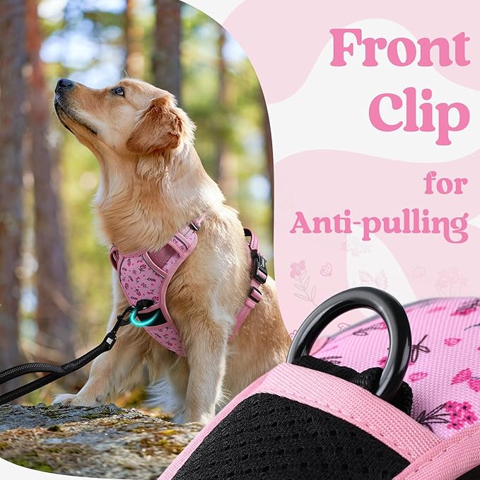 rabbitgoo Dog Harness Medium Sized, No Pull Pet Harness with 3 Buckles, Adjustable Soft Padded Vest with Control Handle, Walking Reflective Pet Vest for Medium Dogs, Floral Pink, M