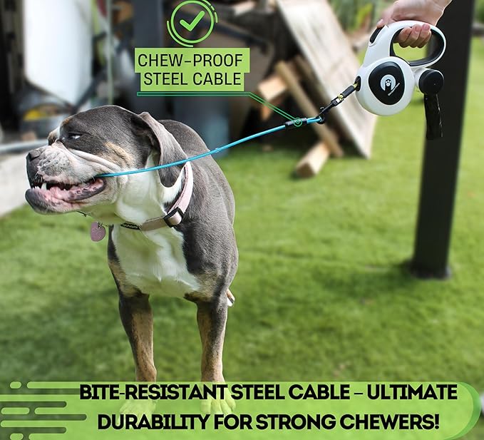 Snuggle Paws 16ft Retractable Dog Leash – All-in-One with LED Flashlight, Poop Bag Holder, Heavy Duty Chew-Proof Steel Cable & Reflective Tape – Compact, No-Tangle Leash for Small Dogs up to 44 lbs