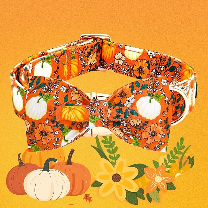 Elegant little tail Halloween Dog Collar, Pumpkin with Flower Print Halloween Pet Collars Puppy Collar with Bow Cute Adjustable Collars for Small Medium Large Dogs