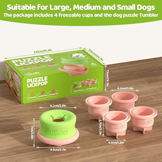 Puzzle Feeder Interactive Dog Enrichment Toy, 4 Freezable Silicone Cups, Slow Feeder Dishwasher Safe, Reduces Anxiety and Mental Stimulation, Pink