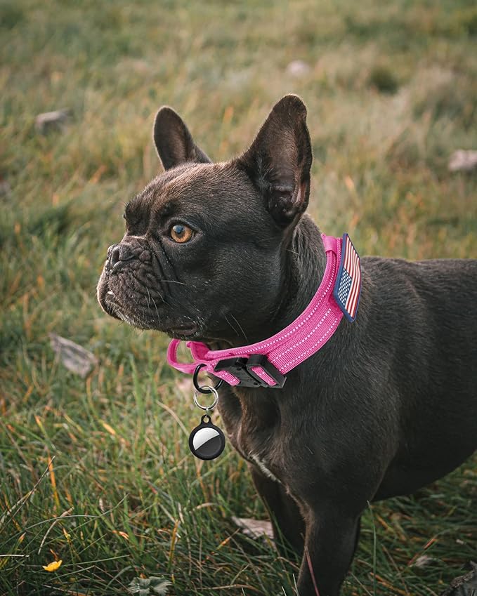 AUBELL Reflective Tactical Dog Collar,Adjustable Military Heavy Duty K9 Collars with Handle and Quick Release Metal Buckle Great for Medium Dogs, with Airtag Case and 2 Patches (Pink,M)