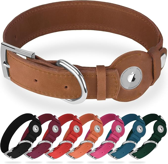 Leather Dog Collar with Airtag Holder - Apple Air Tag Dog Collars - Soft Tracking GPS Pet Collar for Small Medium Large Dogs Breed Puppy (Brown, S, 9"-12" Neck Fit)