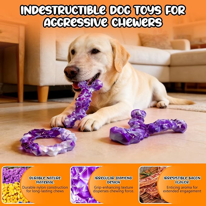 3 Pack Tough Dog Chew Toys for Aggressive Chewers - Bacon Flavored, Suitable for Small Medium Large Dogs, Almost Indestructible Toys to Keep Them Busy & Teething Cleaning