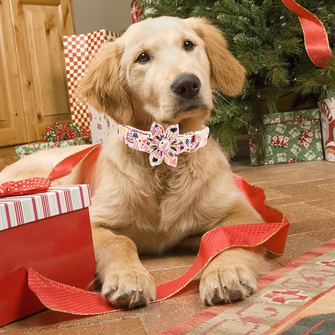 Elegant little tail Christmas Dog Collar, Christmas Tree Pet Collars Flower Pink Metal Buckle Collar Puppy Girl Boy Holiday Cotton Soft Flower Adjustable Dog Collar for Medium Dogs