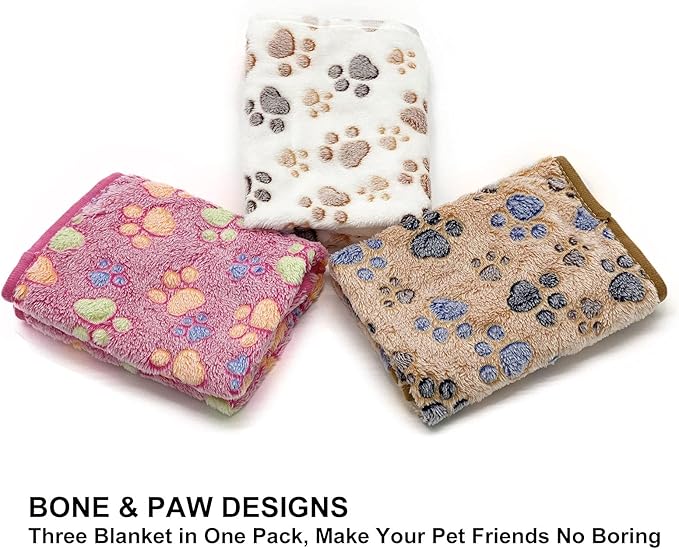 SORKUT 1 Pack 3 Puppy Dog Blankets Super Soft Warm Sleep Mat Fluffy Premium Fleece Pet Blanket Flannel Throw for Dog Puppy Cat - Paw Print Beige/Pink/Brown Medium (29"x20")