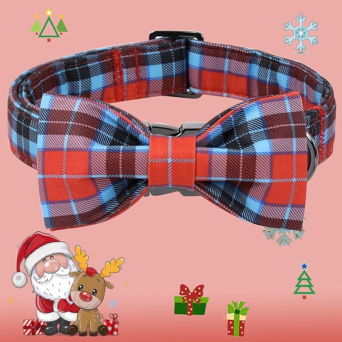 DOGWONG Christmas Dog Collar with Bow Tie, Red Blue Plaid Dog Collar Durable Metal Buckle Adjustable Soft & Cute Red Checkered Dogs Collars for Small Medium Large Dogs, XS