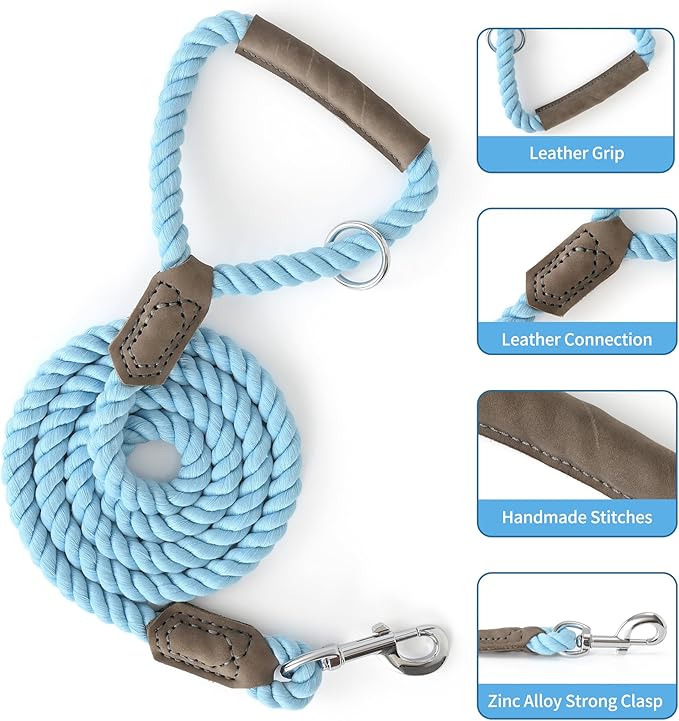 Mile High Life Dog Leash, Braided Cotton Rope Leashes with Leather Handle - Heavy Duty Metal Clasp, 4FT, 1/2" Thick - Wedding, Walking & Training Leash for Small Medium Large Dogs (Sky Blue)