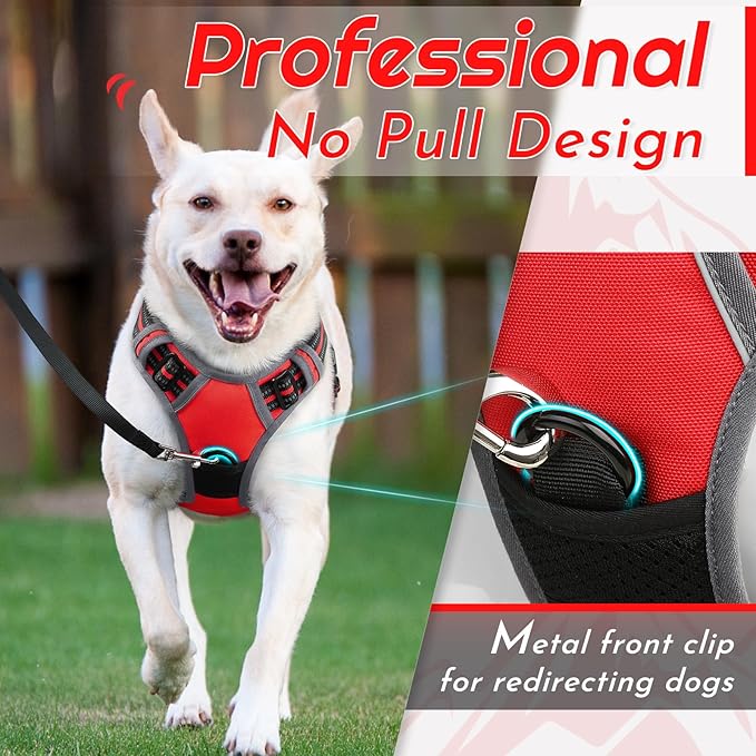 Eagloo Dog Harness Medium Sized Dog, No Pull Service Vest with Reflective Strips and Control Handle, Adjustable and Comfortable for Easy Walking, No Choke Pet Harness with 2 Metal Rings, Red, M