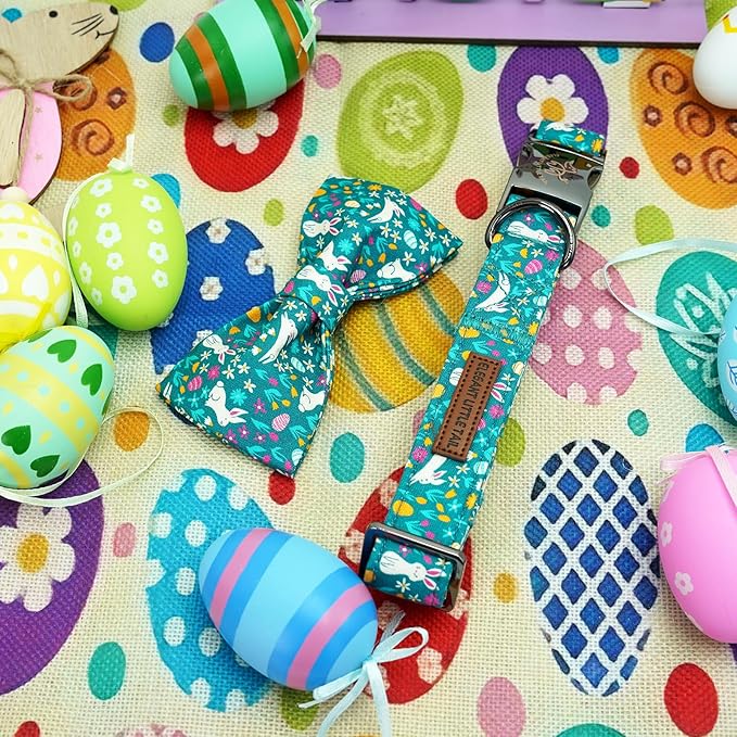 Elegant little tail Easter Dog Collar, Bunny Print Puppy Collar with Bow Girl Boy Pet Collar Bowtie Spring Holiday Pet Collar Adjustable Dog Collar for X-Large Dogs