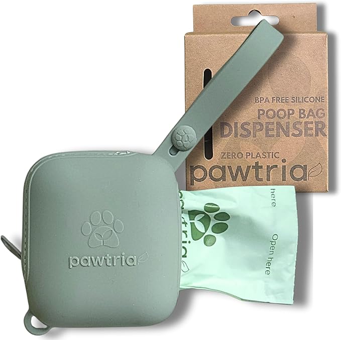 Premium Silicone Dog Poop Bag Dispenser (Matte Green) with 1 Roll of Pawtria's Dog Poop Bags, BPA-Free, Leak Proof, Zero Waste, Zero Plastic, Supports Rescue Dogs (Dispenser + 15 Poop Bags)