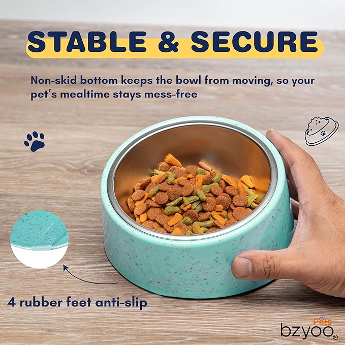bzyoo 16oz Tilted Dog Bowl for Small Dogs & Cats, 15° Elevated Stainless Steel Pet Feeder, Ergonomic Anti-Vomiting Food Bowl for Frenchie, Pug, Persian Cat, Non-Skid Melamine Stand, Sprinkle (Green)