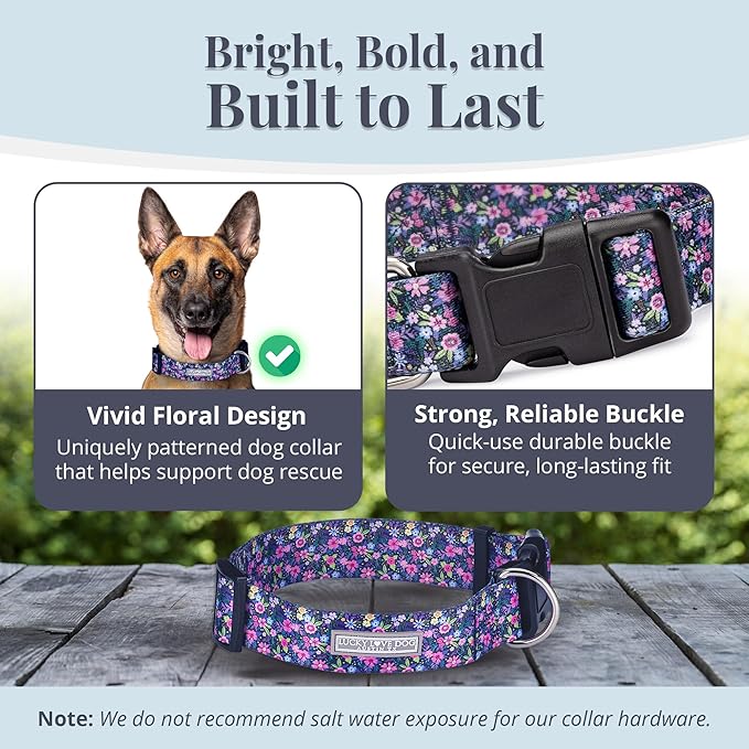 Lucky Love Dog Wide Dog Collar - Adjustable, Durable, Soft Webbing, & Comfortable 1.5 inch Wide Collar for Dogs Male and Female with Strong Buckle - Primrose, Large