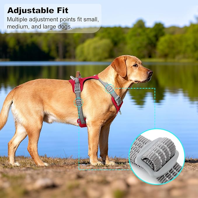 No Pull Dog Harness – Adjustable Reflective Nylon Vest for Small Medium Large Dogs, Escape Proof Training Harness with Leather Control Handle, Lightweight Aluminum Hardware (Red, M)
