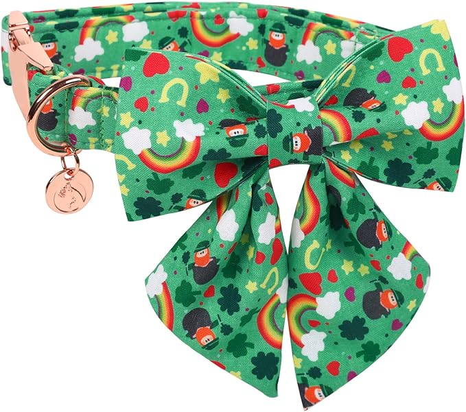 DOGWONG Green Lucky Clover Shamrock Dog Collar with Bowtie, Soft Adjustable St. Patrick's Day Lucky Charm Puppy Collar for Small Medium Large Dog