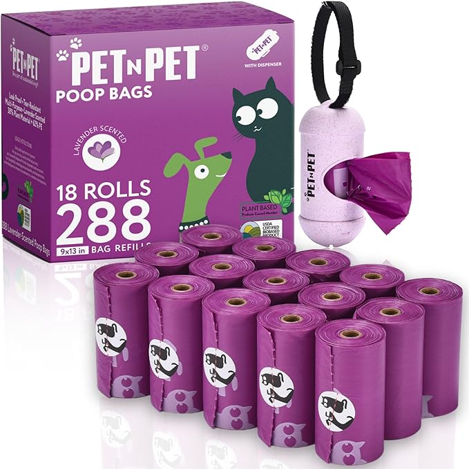 PET N PET Poop Bags for Dogs, 288 Count Lavender Scented Dog Waste Bags with Leash Dispenser, USDA Certified 38% Plant Based & 62% PE Dogs Waste Bag
