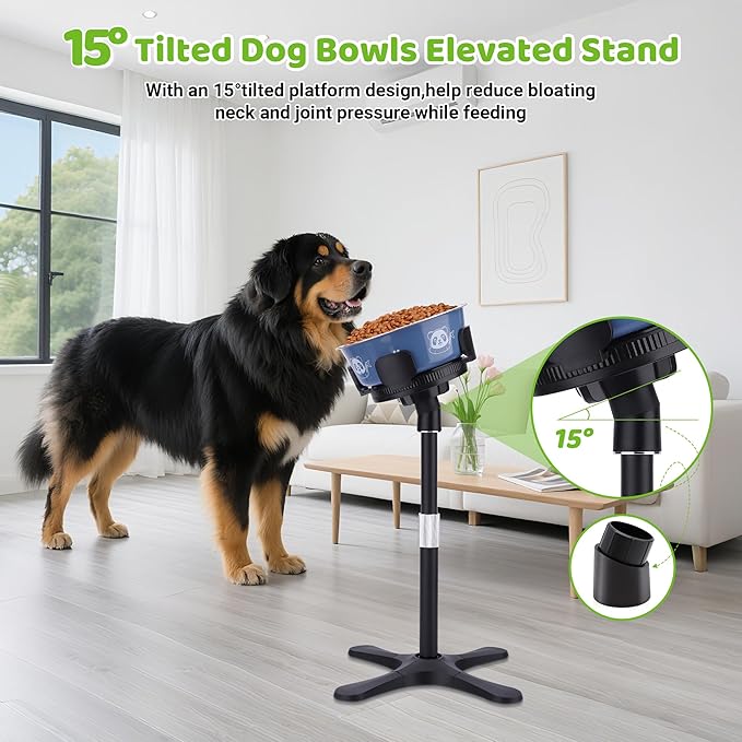 Elevated Dog Bowls for Large and Extra Large Dogs,Adjustable Width Dog Bowl Stand for 5.5-9.5" Wide Bowls,Food and Water Feeder,Single Holder with Tilted Height Adjust 12.4''-18.9'' (with Bowl)