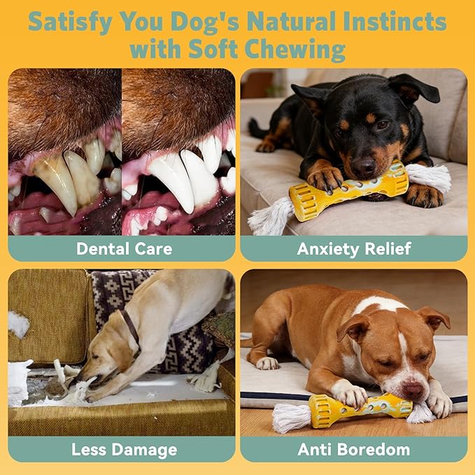 Durable Rubber with Pure Cotton Tassels for Medium and Large Breeds, Indoor Dog Chew Toy for Boredom Buster, Outdoor Fetch and Chase Toy for Excess Energy Relief, Cream Flavor, Yellow/White