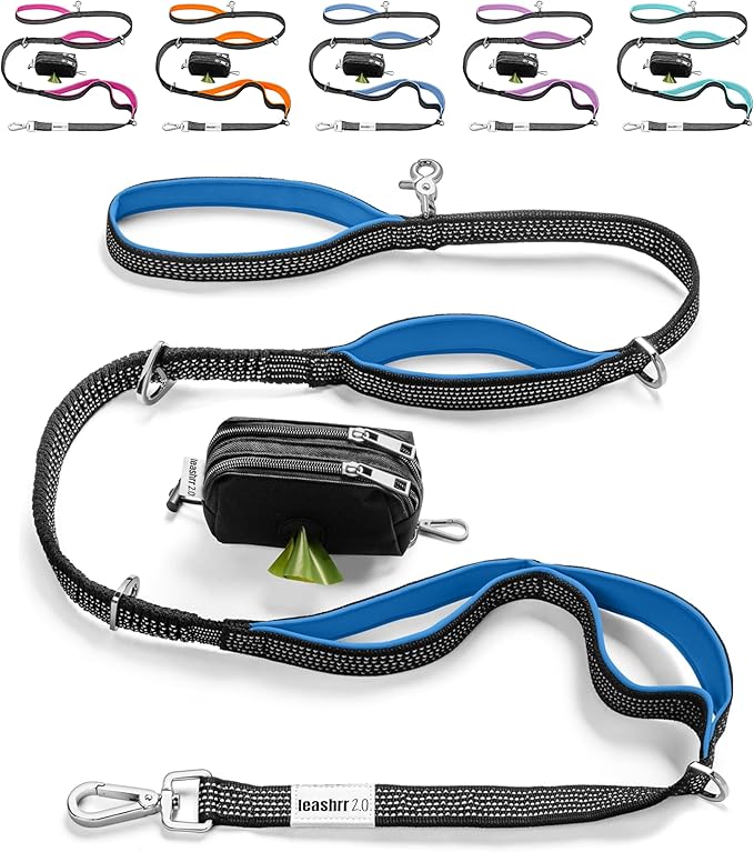 No Pull Dog Leash for Large Dogs – 6ft Highly Reflective Bungee, Heavy Duty Leash for Large Dogs, 4 Padded Handles, Strong Carabiner Clip & Rings, Includes Poop Bag Holder & Treat Pouch (Royal Blue)