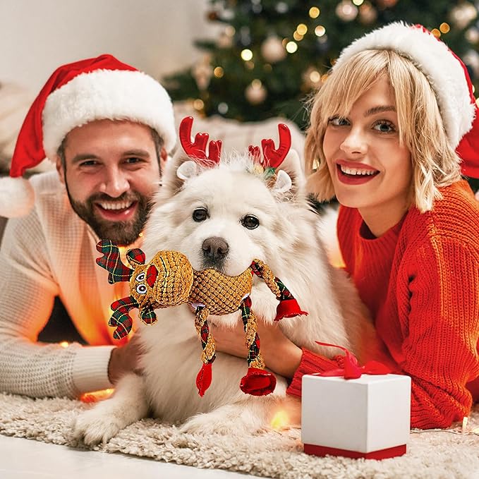 Christmas Dog Toys for Small Medium Large Dogs, Squeaky Plush Chew Toys with Squeaker & Crinkle - Tough Durable Lambchop Stuffed Animal, Puppy Stocking Stuffers (Deep Brown)