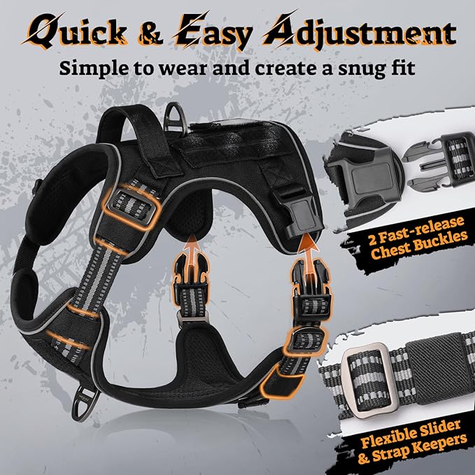 rabbitgoo Dog Harness Medium Sized No Pull, Tactical Service Pet Vest with Molle and Control Handle, Adjustable and Reflective Military Harness for Easy Walking and Training, Black, M