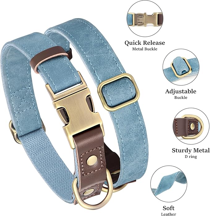 Didog Soft PU Leather Dog Collars for Medium Dogs,Classic Adjustable Dog Collars with Quick Release Metal Buckle,Easy Clean and Comfortable with Nylon Lining,Denim Blue,M Neck 14-19"