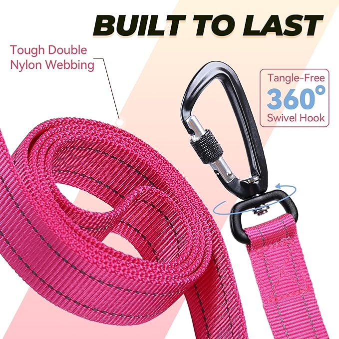 VIVAGLORY Dog Leash Lighthook Double Handle Dog Leash with Traffic Handle & Locking Carabiner for Walking & Training, Traffic Control Lightweight Carabiner for Puppy Pet, 4ft x 1in, Pink