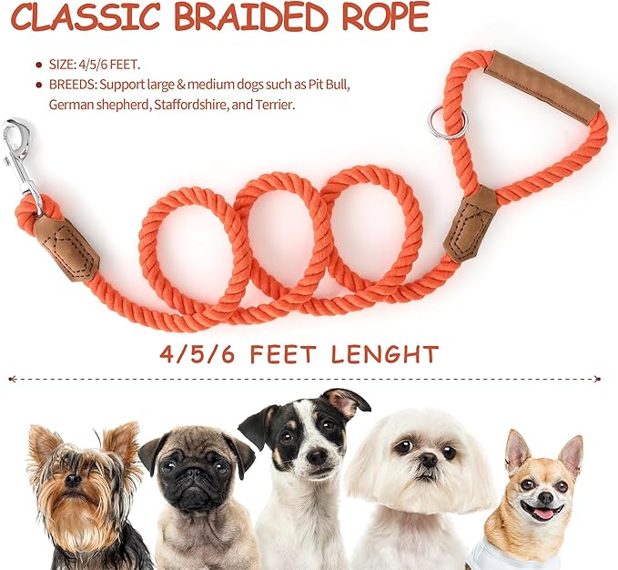 Mile High Life Dog Leash, Braided Cotton Rope Leashes with Leather Handle - Heavy Duty Metal Clasp, 5FT, 1/2" Thick - Wedding, Walking & Training Leash for Small Medium Large Dogs (Orangeade)