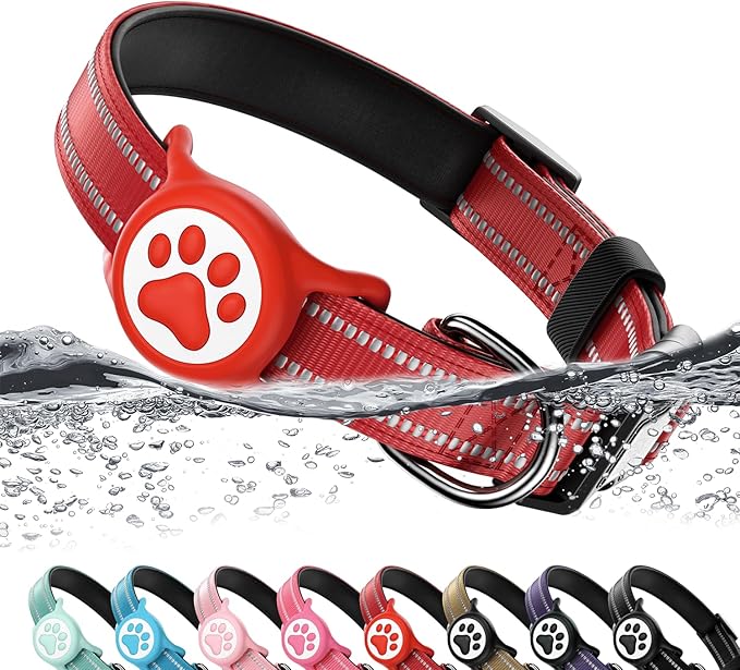 Airtag Dog Collar, Reflective Ultra-Durable Nylon Padded with QR Code Buckle & IP68 Waterproof Air Tag Holder Compatible for Apple AirTag, Comfortable for Small Medium Large Dogs(Red,M)