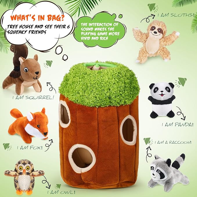 Skylety 7 Pieces Hide and Seek Dog Toys Activity Puppy Chew Squeaky Toys Plush Stuffing Woodland Stuffing with Squeakers for Small Medium Pets Dogs Puppy Gift(Cute,Medium)