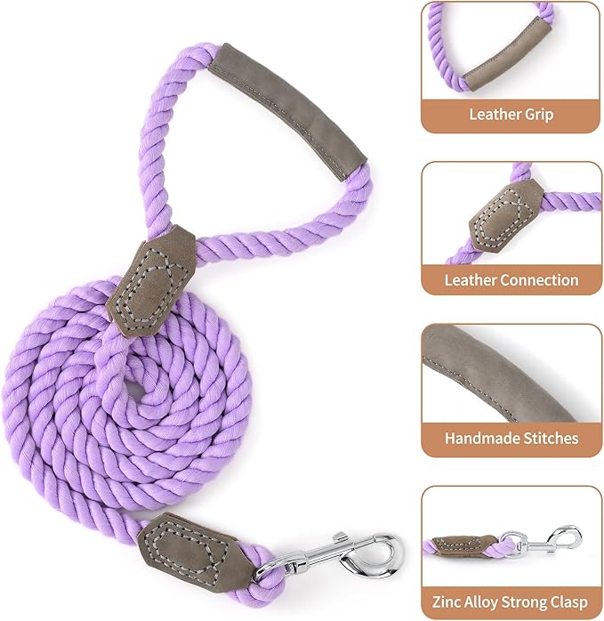 Mile High Life Dog Leash, Braided Cotton Rope Leashes with Leather Handle - Heavy Duty Metal Clasp, 6FT, 1/2" Thick - Wedding, Walking & Training Leash for Small Medium Large Dogs (Purple)