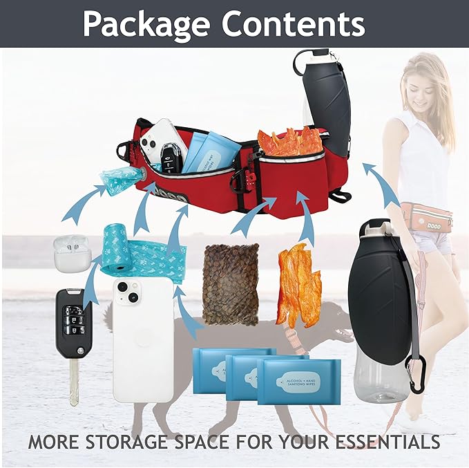 DOCO Hands Free Dog Leash (Waist 26”- 48”, Leash- 1”x 5ft) Waist Belt for Walking, Running, Training & Hiking, Bungee with Dual Handles, Adjustable Fit, Reflective Safety Design for Large Dogs (Black)