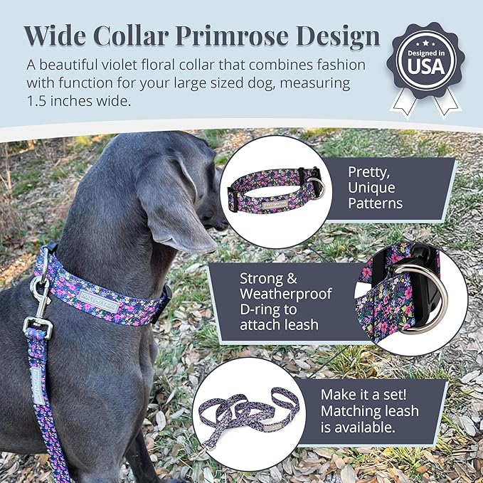 Lucky Love Dog Wide Dog Collar - Adjustable, Durable, Soft Webbing, & Comfortable 1.5 inch Wide Collar for Dogs Male and Female with Strong Buckle - Primrose, Large