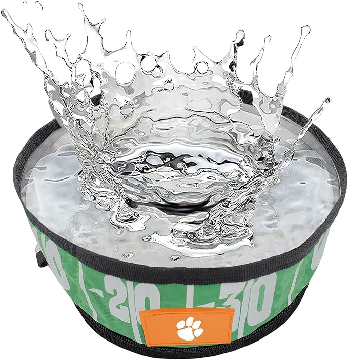 Pets First NCAA Clemson Tigers Collapsible Dog Travel Bowl, Food and Water Bowl for Dogs & Cats. Lightweight Leak-Proof Pet Bowl for Travel with Football Field & Pebble-Grain Design