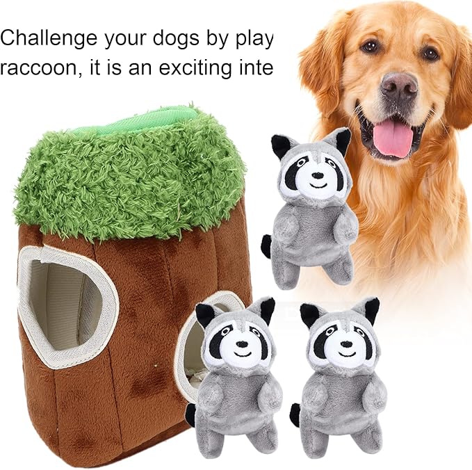 Cyrank Hide and Seek Dog Toy, Raccoon Tree House Dog Puzzle Toys Squeaky Plush Dog Game Toys Funny Dog Toy for Puppy and Small Dog