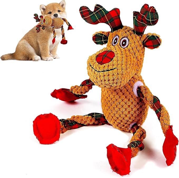Christmas Dog Toys for Small Medium Large Dogs, Squeaky Plush Chew Toys with Squeaker & Crinkle - Tough Durable Lambchop Stuffed Animal, Puppy Stocking Stuffers (Deep Brown)