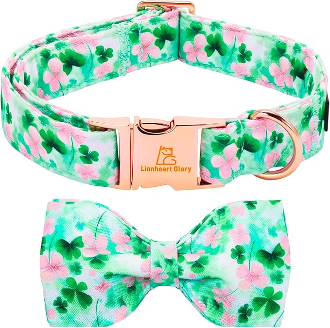 Lionheart glory St. Patrick's Day Dog Collar with Bowtie - Lucky Clover Shamrock Dog Bow Collar for X-Small Dogs Puppy Green Pink Spring Trefoil Collars Bow Soft Adjustable Collars