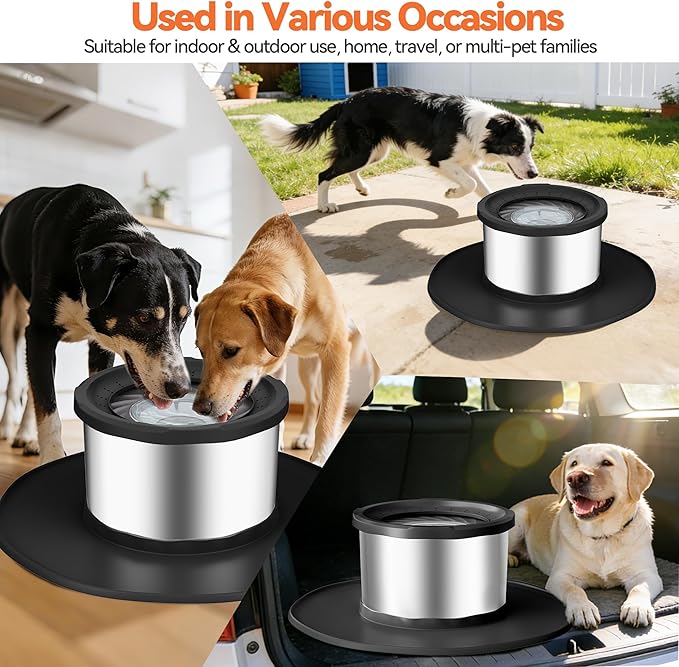 Decflow 12L No Spill Dog Water Bowl for Large Dogs, Stainless Steel Spill Proof Bowls with Suction Cup Anti-Skid Mat, Slow Feeder for Messy Drinkers, Heavy Duty Pet Bowls for Indoor/Outdoor Black