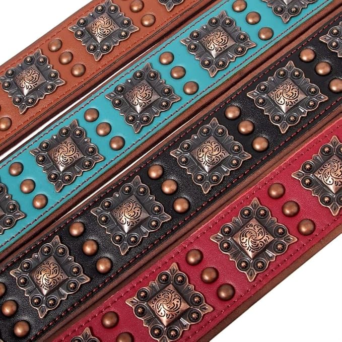 PET ARTIST Genuine Leather Dog Collar for Large Dogs, 2 inch Wide Dog Collar Leather with Rivet Studded & Metal Buckle, Soft Padded & Hand Made for Great Dane Rottweiler,Red,Neck 22-25"