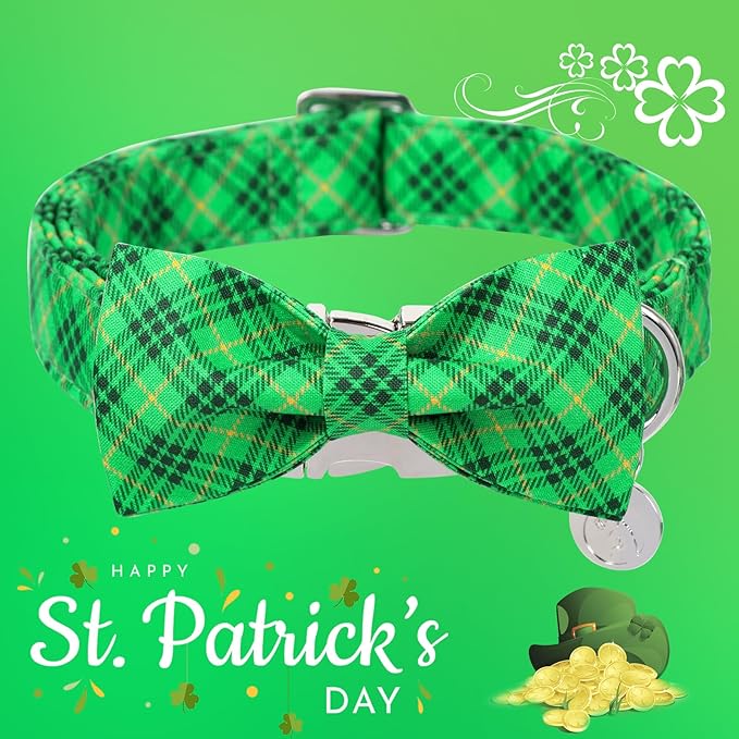 DOGWONG St. Patrick's Day Dog Collar-Cute Green Dog Collar with Bow, Cotton Green Plaid Bowtie Dog Collars with Metal Buckle for Small Medium Large Dogs