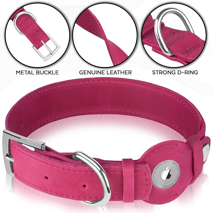Leather Dog Collar with Airtag Holder - Apple Air Tag Dog Collars - Soft Tracking GPS Pet Collar for Small Medium Large Dogs Breed Puppy (Pink, XL, 19"-24" Neck Fit)