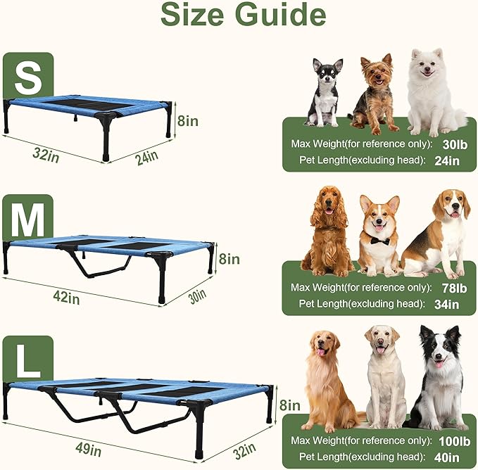 Elevated Outdoor Dog Bed, Raised Pet Cot for Medium and Large Dogs, Cooling Breathable Mesh, Durable Sturdy Frame, Washable Cover, Portable and Easy to Assemble Indoor/Outdoor Pet Bed, Blue, S