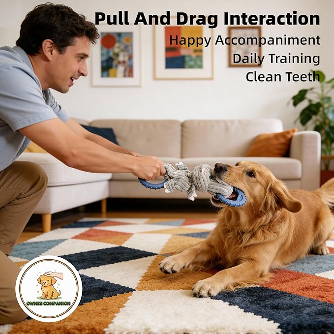 Corduroy Dog Chew Toy with Squeaker and Interactive Rubber Ring for Small Medium Large Breeds - Ideal for Tug of War and Fetch Play (Medium, Rhino)