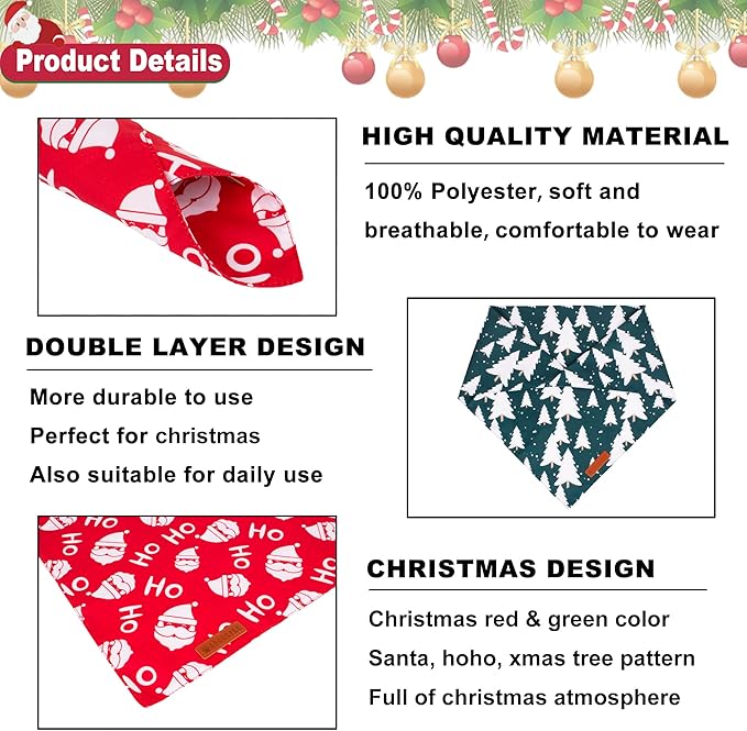 ADOGGYGO Christmas Dog Bandanas 2 Pack, Santa Tree Dog Christmas Scarf Bib, Premium Durable Fabric, Pet Holiday Bandanas for Medium Large Dogs (Large)