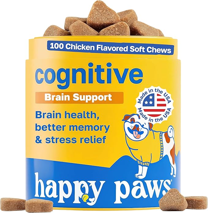 Happy Paws Cognitive Supplement for Dogs, Chicken Soft Chews with Taurine, Spirulina, CoQ10 & Vitamins B1, B3, B12, Supports Cognitive Function, Memory and Focus, Chews for Small to Large Dogs