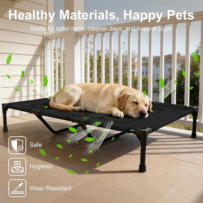 Dog Cooling Bed, Raised Pet Cot for Medium and Large Dogs, Cooling Breathable Mesh, Durable Sturdy Frame, Washable Cover, Portable and Easy to Assemble Indoor/Outdoor Pet Bed, Black, L