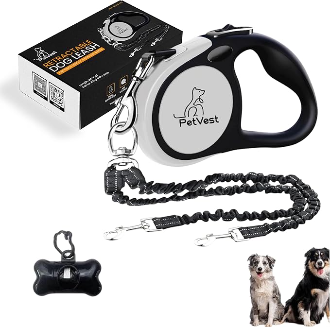 Dual Retractable Dog Leash,10 FT Tangle-Free Leash for 2 Dogs, Detachable for Single Use,One-Button Brake & Lock, Up to 44 lbs Each, 360° Swivel, Non-Slip Handle + Poop Bag Holder (Grey)