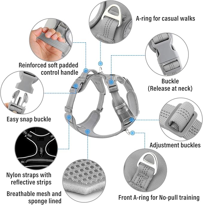 Plutus Pet No Pull Dog Harness, Release at Neck, Reflective Adjustable Dog Vest Harness, Easy Control Handle for Walking, for Small Medium Large Dogs, Gray, L