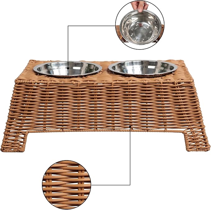 DBL4000B Serenity 6.9" Small/Medium Elevated Wicker Pet Feeder with 18oz (2.2 Cups) 2-Stainless Steel Bowls, Brown