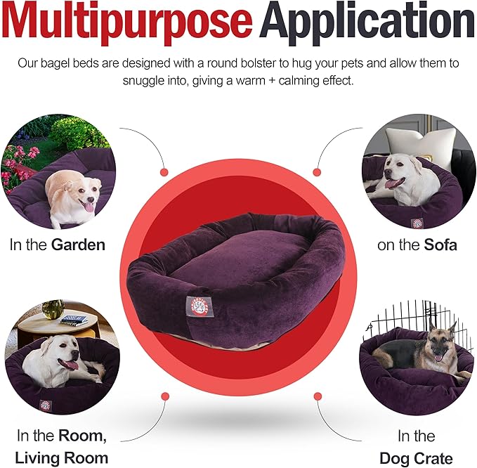 Majestic Pet 24 Inch Micro Velvet Calming Dog Bed Washable – Cozy Soft Round Dog Bed with Spine for Head Support - Fluffy Donut Puppy Mat 24x19x7 (inch) Small – Aubergine (2025)